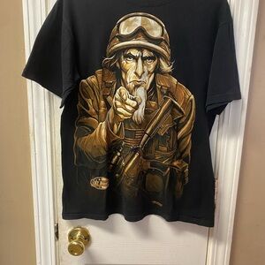 Black Graphic Military Tee with Gold Illustration